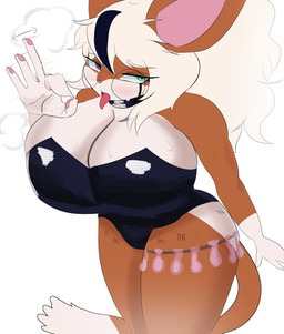 anthro big_breasts bodily_fluids breasts breath brown_body choker clothing condom female filled_condom gesture green_eyes hair heterochromia jewelry latex latex_clothing long_hair necklace panting piercing pink_inner_ear pink_nose purple_eyes sexual_barrier_device simple_background solo suggestive suggestive_gesture sweat thick_thighs tongue tongue_out tongue_piercing white_background white_body domestic_cat felid feline felis mammal absurd_res hi_res shaded simple_shading