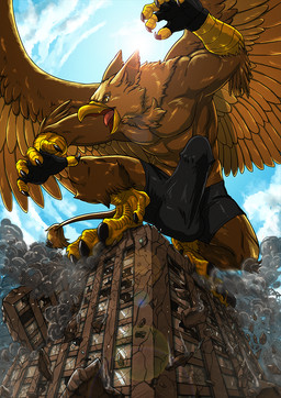 5_fingers abs anthro balls balls_outline beak biceps biped boxer_briefs brown_body brown_fur building building_destruction bulge city claws clothed clothing crush destruction detailed_background detailed_bulge erection feathered_wings feathers feet finger_claws fingerless_gloves fingers fur genital_outline genitals gloves handwear house humanoid_genitalia humanoid_penis looking_at_viewer macro male muscular muscular_anthro muscular_male nude open_mouth outside pecs penile penis penis_outline roaring sky solo standing_on_building tail toe_claws toes tongue topless underwear wings tatugon mythology carpo avian gryphon mythological_avian mythological_creature hi_res
