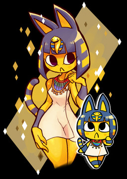 anthro black_background blue_hair chibi clothed clothing diamonds_(suit) egyptian egyptian_clothing female frown fully_clothed fur hair jewelry kalasiris looking_up markings necklace short_hair simple_background solo striped_markings striped_tail stripes suit_symbol tail tail_markings uraeus usekh yellow_body yellow_fur rariatoo animal_crossing nintendo ankha_(animal_crossing) domestic_cat felid feline felis mammal 2020 full-length_portrait hi_res multiple_images portrait three-quarter_portrait