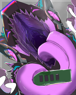 ambiguous_gender anthro bodily_fluids claws cybernetics long_tongue machine mouth_shot open_mouth random_access_memory saliva screen screen_face solo tongue webberthederg alien cyborg protogen colored hi_res
