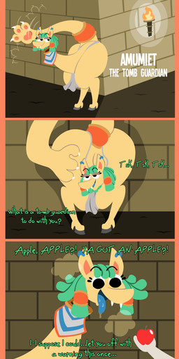 anthro apple armless big_butt blue_tongue bodily_fluids bottomwear braided_hair butt claws clothing drooling egyptian fangs female floating_head food fruit fur hair hooves loincloth offscreen_character piercing plant saliva solo tail tail_hand teal_hair teeth text tomb tongue torch unusual_anatomy unusual_tail yellow_body yellow_fur shane_frost canid canine canis human jackal mammal monster comic english_text hi_res