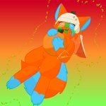 accessory anthro blue_eyes clothing food fruit green_nose hat headgear headwear heterochromia orange_(fruit) orange_body orange_eyes pin_accessory pin_button plant solo goonis orange_peel_(goonis) unknown_species 1:1 hi_res