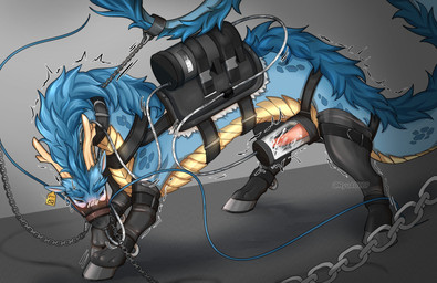 bdsm blush bodily_fluids bondage bondage_gear boots bound clothing collar cuff_(restraint) cum cum_in_mouth cum_inside drinking drinking_cum drinking_own_cum ear_piercing ear_tag ejaculation feral footwear gag genital_fluids genitals hoof_boots horn male penile penis penis_milking penis_milking_machine petplay piercing ponyplay restraints roleplay shoes solo tail tail_cuff tail_tied luterre mythology chwiryong dragon eastern_dragon mythological_creature mythological_scalie scalie hi_res