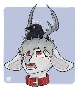 ambiguous_gender anthro antlers beak big_ears black_body black_feathers blue_background collar cracked_beak curly_hair duo emanata feathers feral folded_wings fur grey_antlers grey_hair grey_horn grey_nose hair horn larger_anthro logo looking_up looking_up_at_another male male/ambiguous nesting ominous open_mouth pink_tongue red_collar red_eyes simple_background sitting sitting_on_another sitting_on_head size_difference smaller_feral solo surprised teeth text tongue tuft white_body white_fur wings yellow_eyes reetogoth felix_(jackdaw) gooddeer avian bird corvid deer jackdaw mammal new_world_deer oscine passerine reindeer 2025 absurd_res colored digital_drawing_(artwork) digital_media_(artwork) english_text hi_res shaded signature