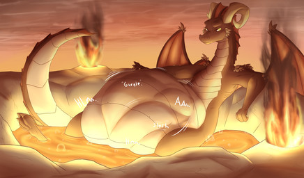 2_horns 3_toes 4_fingers abdominal_bulge ambiguous_gender ambiguous_prey anthro bath bathing belly bodily_noises brown_body bubble claws death different_sound_effects digestion digestion_noises fatal_vore feet finger_claws fingers fire horn lava lava_bath mass_vore membrane_(anatomy) membranous_wings motion_lines muffled multiple_prey offscreen_character onomatopoeia oral_vore outside partially_submerged rumbling_stomach scales slosh sloshing_belly solo sound_effects spikes tail text toes ventral_scales volcano vore vowelless vowelless_vocalization wings yellow_eyes blitzit mythology dragon mythological_creature mythological_scalie reptile scalie 2020 absurd_res digital_media_(artwork) hi_res