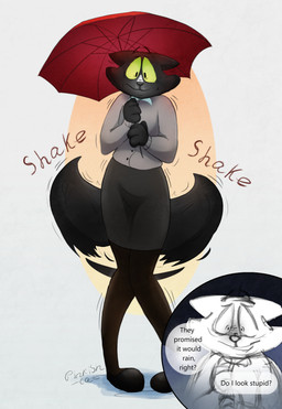 4_fingers anthro black_body black_fur black_hair bottomwear cardigan cat_tail clothed clothed_anthro clothed_female clothing doubt ears_down female fingers footwear fur green_eyes grey_bottomwear grey_clothing grey_nose grey_skirt hair legwear multicolored_body multicolored_fur nervous nervous_smile office_lady pivoted_ears shaking shirt shirt_collar shoes simple_background skirt solo speech_bubble standing tail tail_motion tailwag text tight_clothing tights toony topwear trembling umbrella white_background pinkish-cat stephanie_jones_(pinkish-cat) domestic_cat felid feline felis mammal 2026 absurd_res digital_media_(artwork) english_text hi_res