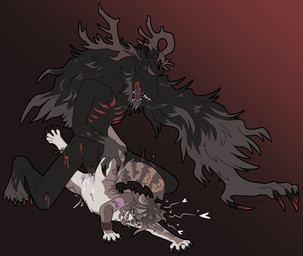 5_fingers anthro anthro_on_anthro anthro_penetrated anthro_penetrating anthro_penetrating_anthro antlers biped black_body black_fur black_penis blood bodily_fluids bracelet breath brown_body brown_fur brown_hair claws cum cum_drip cum_inside cum_overflow digitigrade dripping duo eyeless eyes_closed eyewear fangs female female_penetrated fingers fur genital_fluids genitals glasses gradient_background grey_body grey_fur hair hand_on_leg heart_symbol horn jewelry looking_pleasured male male/female male_penetrating male_penetrating_female motion_lines multicolored_body multicolored_fur nails navel nude open_mouth penetration penile penile_penetration penis penis_in_vagina ring sex simple_background size_difference tail teeth teratophilia toe_claws tongue vaginal vaginal_penetration pantheggon bloodborne fromsoftware mythology sony_corporation sony_interactive_entertainment skar_(skarracc) beast_(bloodborne) cervine cleric_beast_(bloodborne) deer eldritch_abomination humanoid mammal monster monstrous_humanoid procyonid raccoon digital_media_(artwork) hi_res official_art