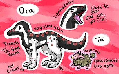 ambiguous_gender black_horn black_tail blush brown_body brown_fur brown_tail duo fangs feral fur horn markings open_mouth pink_body pink_ears pink_tail pink_tongue spots spotted_markings tail teeth text tongue white_body tuxiiedos ora_(tuxiiedos) ta_(tuxiiedos) bovid bovine caprine cattle dinosaur hybrid iguanodon iguanodontian iguanodontid mammal ornithischian ornithopod prehistoric_species reptile scalie sheep 16:10 2013 english_text widescreen