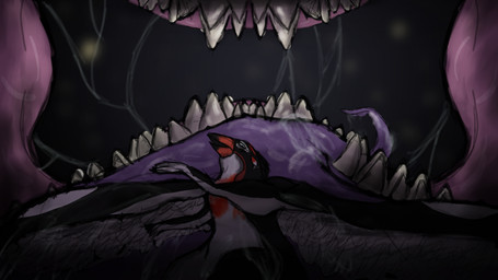 anthro anthro_pred bodily_fluids dripping duo fangs goo_drip horn internal internal_oral larger_anthro larger_male larger_pred male male_pred muscular muscular_anthro muscular_male purple_body purple_flesh red_eyes reverse_mouth_shot sharp_teeth size_difference slime soft_vore spiked_tail spikes spikes_(anatomy) tail teeth tongue tongue_out vore willing_pred cuttlescuttle mythology devourer_(razor_koopa) avian bird dragon goo_creature goo_dragon mythological_creature mythological_scalie scalie 16:9 2022 4k absurd_res hi_res widescreen