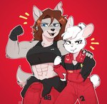 5_fingers abs ambiguous_gender anthro biceps blue_eyes bra brown_hair clothing duo ear_piercing facial_piercing female fingerless_gloves fingers flexing flexing_bicep fur gloves grey_body grey_fur hair hand_on_shoulder handwear jumpsuit lip_piercing muscular muscular_anthro muscular_female notched_ear piercing red_background red_clothing simple_background smile sports_bra standing tomboy underwear white_body white_fur white_hair conditional_dnp sonokido ferrari sonoracers julien_north lucia_martina blanc_de_hotot canid canine canis domestic_rabbit lagomorph leporid mammal oryctolagus rabbit wolf digital_media_(artwork) hi_res male_(lore)