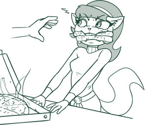 angry anthro bread breadsticks duo fangs female food food_in_mouth pizza teeth redout nickelodeon t.u.f.f._puppy kitty_katswell domestic_cat felid feline felis mammal 2022 digital_drawing_(artwork) digital_media_(artwork) hi_res monochrome