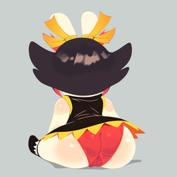 anthro black_hair bottomwear butt camel_toe clothed clothing dress eyebrows female footwear hair headgear headwear hidden_face kanya_(mario_+_rabbids) long_ears panties rear_view shoes simple_background sitting skirt thick_eyebrows topwear underwear vest white_body kerotheklutz mario_plus_rabbids_sparks_of_hope nintendo raving_rabbids rayman_(series) ubisoft lagomorph leporid mammal rabbid rabbit 1:1 digital_drawing_(artwork) digital_media_(artwork) hi_res watermark