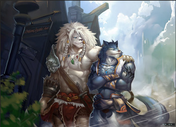 abs anthro armband armor axe belt biceps big_muscles black_nose blue_body blue_eyes blue_fur bottomwear bracers building chest_tuft claws clothed clothing cloud collar crossed_arms day detailed_background duo fangs fur gem gold_(metal) hair hand_on_shoulder jewelry leather loincloth long_hair looking_away male mane melee_weapon multicolored_body multicolored_fur muscular muscular_male necklace necktie outside partially_clothed pauldron pecs pink_nose scabbard sign signpost size_difference sky standing street sword tattoo teeth topless trophy_necklace tuft two_tone_body two_tone_fur unconvincing_armor weapon white_body white_fur white_hair moyexingchen canid canine canis felid lion mammal pantherine wolf detailed digital_media_(artwork)