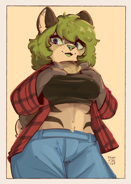 anthro breasts clothed clothed_anthro clothed_female clothing female fully_clothed fully_clothed_anthro fully_clothed_female green_hair green_nose green_tongue hair looking_at_viewer midriff navel open_mouth open_smile purple_eyes smile solo tongue conditional_dnp tohupo mammal 2025 digital_drawing_(artwork) digital_media_(artwork) hi_res