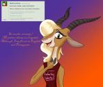 3_fingers answer anthro ask_blog blonde_hair brown_eyes clothed clothing dialogue female fingers fur gradient_background hair hair_over_eye horn looking_at_viewer one_eye_obstructed question shirt simple_background smile solo text topwear solratic disney zootopia gazelle_(zootopia) antelope bovid gazelle grant's_gazelle mammal nanger true_antelope 2016 digital_media_(artwork) english_text half-length_portrait portrait