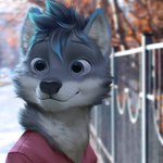 1:1 2021 anthro blue_eyes blue_hair blurred_background canid canine canis clothed clothing digital_media_(artwork) domestic_dog fur grey_body grey_fur hair hi_res male mammal smile solo wayn_animation whiskers
