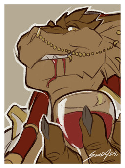 4e anthro blood bodily_fluids border corruption female gold_(metal) hair paladin piercing simple_background solo white_border fydbac dungeons_and_dragons hasbro mythology wizards_of_the_coast aleisandra dragon dragonborn_(dnd) mythological_creature mythological_scalie scalie 2011 bust_portrait portrait