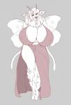 anthro big_breasts breasts clothed clothing curvy_figure female huge_breasts looking_at_viewer nipple_outline smile solo standing voluptuous wings boosterpang arthropod chimera deer insect lepidopteran luna_moth mammal moth saturniid greyscale hi_res monochrome