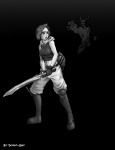 breasts duo female melee_weapon not_furry solo_focus sword weapon demon-man demon digital_media_(artwork) full-length_portrait greyscale monochrome portrait three-quarter_portrait