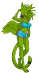 anthro beak black_beak breasts cleavage clothed clothing eyes_closed feathered_wings feathers female fur green_body green_feather_hair green_fur green_wings midriff navel solo swimwear tail wings likeshine mythology likeshine_(character) avian gryphon mythological_avian mythological_creature hi_res