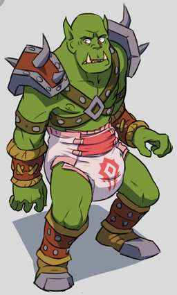 armor biped clothed clothing diaper fur green_body green_skin harness male multicolored_body multicolored_fur not_furry red_diaper red_eyes simple_background solo teeth tusks two_tone_body two_tone_fur wearing_diaper crackajackin blizzard_entertainment warcraft orc 2015 digital_media_(artwork) multiple_images story story_in_description