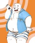 anthro belly blush bottomwear bulge clothed clothing fur hoodie humanoid_hands jacket male moobs navel one_eye_closed open_clothing open_hoodie open_jacket open_topwear overweight overweight_anthro overweight_male shorts solo topwear white_body white_fur wink maron2475 utau shirane_kan bear mammal polar_bear ursine 2018 hi_res