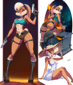 5_fingers abs anthro athletic belt big_butt biped blonde_hair boots bottomwear breasts brown_body butt clothed clothed_anthro clothed_female clothing cocked_hip collarbone cosplay cotton_tail countershade_face countershade_neck countershade_torso countershading crop_top crossover_cosplay dress dual_wielding eyebrows eyelashes feet female female_anthro fingerless_gloves fingers fluffy fluffy_tail footwear front_view fully_clothed fully_clothed_anthro fully_clothed_female fur gloves green_eyes gun gun_holster hair handgun handwear hat headgear headwear holding_object holding_weapon hotpants long_legs medium_breasts midriff navel open_mouth open_smile pink_inner_ear pistol plantigrade ponytail_ears ranged_weapon redesign scut_tail shirt shoes short_tail shorts sitting small_nose smile snout solo standing sun_hat tail tan_body three-quarter_view topwear torch trigger_discipline weapon felox08 looney_tunes tomb_raider warner_brothers lara_croft lola_bunny lagomorph leporid mammal rabbit 2026 crossover full-length_portrait hi_res portrait shaded