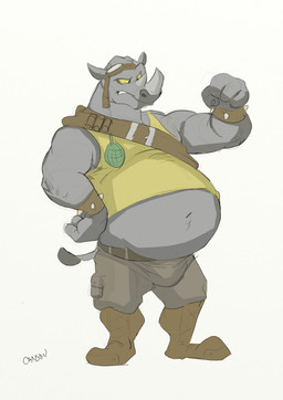 anthro belly big_belly bottomwear bulge clothing explosives eyewear goggles grenade grey_body horn male musclegut muscular muscular_arms muscular_male overweight overweight_male pants shirt solo tank_top topwear weapon yellow_eyes canson teenage_mutant_ninja_turtles rocksteady mammal rhinoceros hi_res