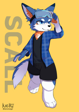 anthro blue_body blue_eyes blue_fur bottomwear clothing eyewear eyewear_on_head fur goggles goggles_on_head male orange_body orange_fur scarf shorts shota solo white_body white_fur young young_anthro nello_the_tiger canid canine canis domestic_dog hybrid mammal wolf wolfdog absurd_res hi_res