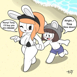 anthro beach beanie bikini black_clothing black_hat black_headwear blue_clothing blue_swimming_trunks blue_swimwear blush breasts brown_hair cleavage clothed clothing detailed_background dialogue duo eyelashes female grey_beanie grey_clothing grey_hat grey_headwear hair hat headgear headwear leading male male/female navel nipple_outline one_eye_closed orange_hair ponytail sand short_tail speech_bubble string_bikini swimming_trunks swimwear tail text two-piece_swimsuit wink tonytoran tina_(tonytoran) tony_(tonytoran) chinchilla chinchillid lagomorph leporid mammal rabbit rodent 1:1 hi_res