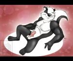 anthro balls biped erection foreskin genitals male muscular muscular_anthro muscular_male partially_retracted_foreskin penis simple_background sitting solo rcc2002 looney_tunes the_sylvester_and_tweety_mysteries warner_brothers pitu_le_pew mammal mephitid skunk 2015