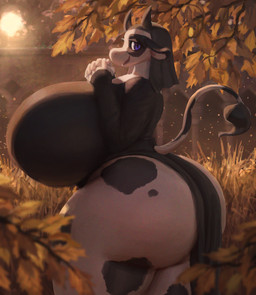 anthro autumn autumn_leaves big_breasts big_butt black_body black_fur blue_eyes breasts bubble_butt butt clothed clothing convex_breasts curvy_figure detailed_background female fingers fur garden habit hand_on_breast hands_together headgear headwear horn huge_breasts huge_butt huge_hips huge_thighs hyper hyper_breasts leaf light looking_at_viewer multicolored_body multicolored_fur multicolored_tail nun outside plant praying presenting presenting_hindquarters side_boob side_view skimpy smile solo spots standing sunlight tail tail_tuft thick_thighs tree tuft two_tone_body two_tone_face two_tone_fur two_tone_tail voluptuous white_body white_fur wide_hips patacon ella_(redmoon83) bovid bovine cattle dairy_cattle holstein_friesian_cattle mammal absurd_res digital_media_(artwork) digital_painting_(artwork) hi_res painting_(artwork) portrait three-quarter_portrait