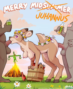 4_toes 5_fingers anthro anthro_on_anthro anthro_penetrated anthro_penetrating anthro_penetrating_anthro areola balls bent_over beverage biped bodily_fluids bottle breasts brown_body brown_fur butt claws cloud container crucifixion day erection faceless_anthro faceless_character faceless_male feet fellatio female female_penetrated fingers fire flower fur garland genital_fluids genitals grass grey_body grey_fur group hooves looking_at_viewer male male/female male_penetrating male_penetrating_female name_tag nipples nude nude_anthro nude_female nude_male oral outside penetration penile penis penis_in_mouth plant pubes purple_eyes scut_tail sex short_tail sky smile spitroast standing tail tan_body tan_fur toes trio vaginal_fluids loimu midsummer muppets kermit_the_frog loimu_(character) deer mammal 2026 absurd_res digital_drawing_(artwork) digital_media_(artwork) hi_res