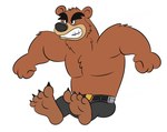 4_fingers 4_toes angry anthro black_nose bottomwear brown_body brown_fur clothing feet fingers fur humanoid_hands male pants simple_background solo toes white_background jolly_the_lizard brok_the_investigator cowcat_games r.j._(brok_the_investigator) bear mammal 2023 hi_res