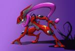 alternate_color ambiguous_gender anthro evil_grin feet gradient_background leg_markings long_tongue markings membrane_(anatomy) open_mouth open_smile purple_background purple_tongue red_body simple_background smile solo thorns toes tongue webbed_feet e1ectronicchimera nintendo pokemon fan_character zetenga generation_6_pokemon greninja pokemon_(species) 2015 digital_media_(artwork)