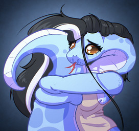 amber_eyes apode black_hair blue_body female forked_tongue hair legless multicolored_hair self_hug serpentine solo tail tail_hug tongue tongue_out two_tone_hair witchtaunter kaya_(witchtaunter) draconcopode naga reptile scalie snake hi_res
