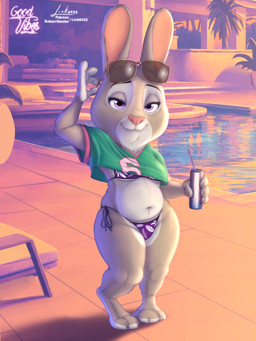 anthro big_breasts bikini breasts clothed clothing female fur looking_at_viewer mature_female o-ring o-ring_bikini shirt smile solo swimming_pool swimwear thick_thighs topwear two-piece_swimsuit white_body white_fur link6432 disney grand_theft_auto_vi gta_vi_cover_girl zootopia bonnie_hopps lagomorph leporid mammal rabbit 3:4 absurd_res digital_media_(artwork) hi_res