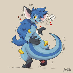anthro blue_body blush hair long_hair looking_at_viewer looking_back male open_mouth pawpads paws ponytail rayne_(dreeda) short smile solo standing tail whiskers yellow_eyes naika chuki 1:1 colored_sketch hi_res sketch