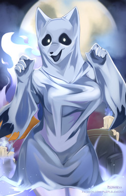 anthro breasts candle clothing dot_eyes exposure_variation female looking_at_viewer open_mouth robe simple_eyes solo white_body white_clothing white_robe purplelemons kumiho_(purplelemons) canid canine fox ghost mammal spirit 2022 hi_res