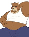 anthro belly big_belly black_nose blush bottomwear brown_body bulge clothing kemono male navel overweight overweight_male pants shirt simple_background solo topwear white_background nikukyu299paw morenatsu juuichi_mikazuki bear mammal 2024 hi_res