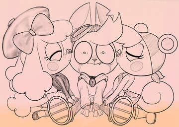 anthro beret biped blush blush_stickers bottomwear capri_pants clothing collar collar_tag constricted_pupils eyewear eyewear_on_head female goggles goggles_on_head group hat headgear headwear high_top_shoes kissing kissing_cheek male notched_ear pupils sitting skirt small_pupils surprised trio young young_anthro young_female young_male 4chan_anon unknown_artist murphy_and_mitzi marcie_beaucoup_(ajmarekart) mitzi_(ajmarekart) murphy_(ajmarekart) canid canine canis domestic_cat domestic_dog felid feline felis mammal poodle rodent sciurid tree_squirrel 2025 digital_drawing_(artwork) digital_media_(artwork) hi_res monochrome sepia sketch