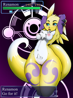 anthro areola armwear black_nose black_sclera blue_eyes breasts bridal_gauntlets claws clothing female fur gameplay_mechanics genitals gui hands_behind_head health_bar looking_away mostly_nude multicolored_body multicolored_fur navel nipples pose pubes purple_background simple_background solo standing teeth text thick_thighs thigh_gap tongue tongue_out vulva white_body white_fur wide_hips yellow_body yellow_fur piffmiff bandai_namco digimon canid canine digimon_(species) mammal renamon 2017 absurd_res english_text hi_res