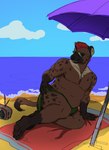 anthro beach beach_towel beach_umbrella blue_sky bottomwear brown_body brown_fur chest_markings clothing cloud crescent_moon electronics eyewear frohawk fur fur_markings hair lying male markings moon musclegut muscular muscular_anthro muscular_male on_side parasol radio red_hair sand sea seaside skirt sky smile solo spots spotted_body spotted_fur sunglasses tail tail_markings towel water cryptidcoyote mr.hakkai bear hybrid hyena mammal hi_res