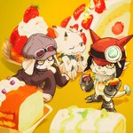 anthro black_claws cake claws dessert eating food fruit group horn kerchief male one_eye_closed plant strawberry trio white_body wink kubota_keita bandai_namco digimon digimon_ghost_game appmon appmon_(species) digimon_(species) gammamon gatchmon offmon 1:1