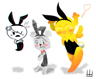 accessory angry anthro antlers blush bunny_costume clothing costume dress embarrassed female group hair_accessory heart_symbol horn necktie on_model simple_background smile standing white_background wings unknown_artist cartoon_network the_amazing_world_of_gumball carrie_krueger penny_fitzgerald teri_(tawog) bear fairy ghost humanoid mammal paper_creature spirit