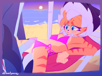anthro beach blue_body bodily_fluids bow_panties bow_underwear bra breasts chaise_lounge clothing clothing_aside duo evening female fur genitals green_eyes lying male male/female navel on_back on_towel orange_body orange_fur panties panties_aside penis pink_bra pink_clothing pink_panties pink_underwear sex_on_the_beach shark_tail shark_teeth small_breasts sunset sweat text towel underwear underwear_aside vulva acwalynse felid feline mammal artist_name hi_res signature