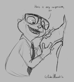 anthro anthro_focus balls big_penis body_worship clothed clothed_anthro clothed_female clothed_sex clothing dialogue duo eyewear fangs female female_anthro female_focus flaccid genital_worship genitals glasses grey_background handjob larger_anthro larger_male male male/female motion_lines necktie onomatopoeia open_mouth open_smile penile penis penis_awe penis_worship philtrum service_height sex simple_background size_difference smaller_anthro smaller_female smile solo_focus sound_effects teeth text wearing_glasses arvo92 disney zootopia sam_(zootopia) mammal mustelid otter 2022 dated english_text greyscale hi_res monochrome signature sketch