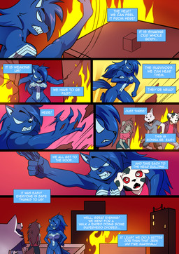 anthro blue_body building claws clenched_teeth fangs female fire group hair long_hair male teeth text white_eyes kato777 hellaverse helluva_boss marvel mythology she-venom venom_(marvel) canid canid_demon canine demon hellhound mammal mythological_canine mythological_creature absurd_res comic crossover hi_res