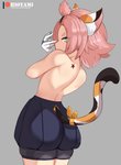 butt clothed clothing female green_eyes hair looking_at_viewer looking_back pink_hair solo text topless hioyami_(artist) genshin_impact jojo's_bizarre_adventure mihoyo diona_(genshin_impact) animal_humanoid calico_cat_humanoid cat_humanoid felid felid_humanoid feline feline_humanoid humanoid mammal mammal_humanoid hi_res url young_(lore)