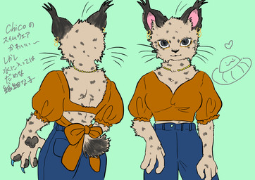anthro bottomwear breasts clothed clothing denim denim_bottomwear denim_clothing ear_piercing ear_ring female fur jeans jewelry markings necklace pants pawpads piercing ring_piercing shirt simple_background solo spots spotted_body tail text topwear whiskers kyokyota felid feline lynx mammal 2020 absurd_res hi_res japanese_text model_sheet translated